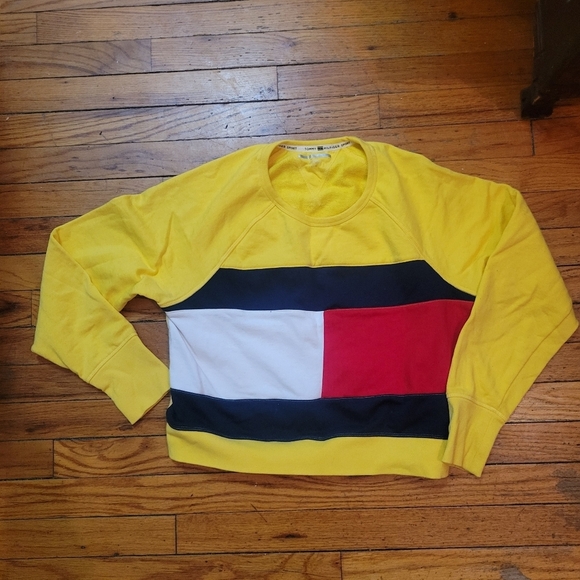 Y2K Cropped Tommy Hilfiger Yellow Retro Logo Crewneck Sweater L - Picture 8 of 8
